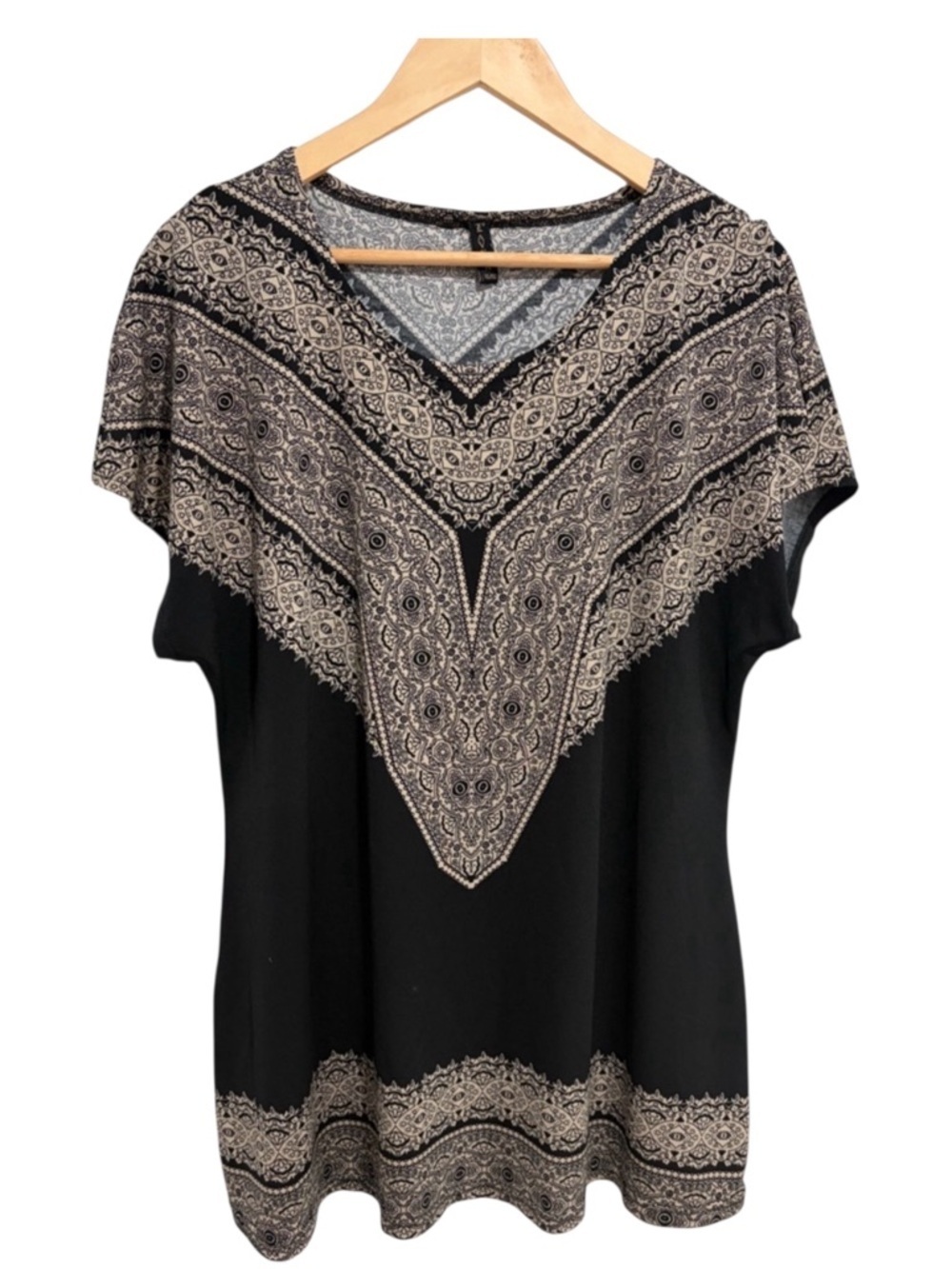 Lavena Black Short Sleeve Top with Beige Boho V-Panel